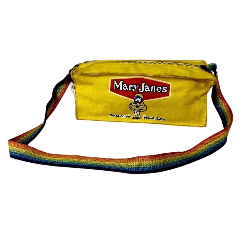 Vintage Mary Janes Candy Promotional Bag Yellow Canvas Rainbow Strap Retro Rare
